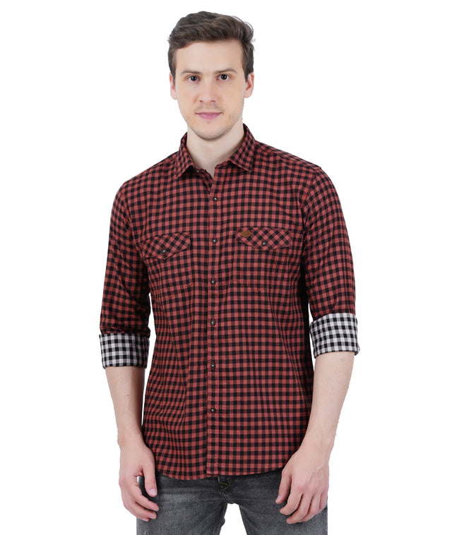 Living Legend Men Mud Brown Black Checked Cotton Slim Fit Full Sleeve Casual Shirt