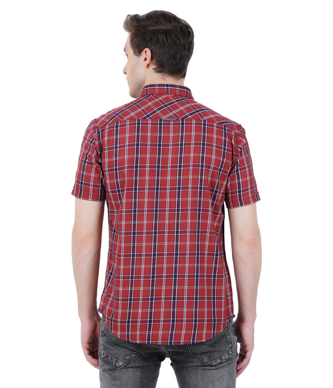 Living Legend Men Brick Red Navy Checked Cotton Slim Fit Half Sleeve Casual Shirt