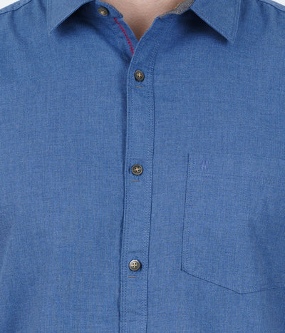 Living Legend Men Mid Blue Plain Cotton Slim Fit Half Sleeve Casual Shirt