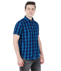 Living Legend Men Turquoise Navy Checked Cotton  Slim Fit Half Sleeve  Casual Shirt
