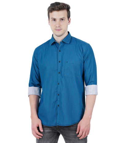 Living Legend Men Turquoise Blue Striped Cotton Slim Fit Full Sleeve Casual Shirt