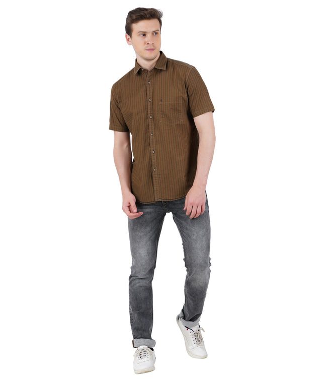 Living Legend Men Olive Brown Striped Cotton Slim Fit Half Sleeve Casual Shirt