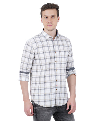 Living Legend Men White Grey Checked Cotton Slim Fit Full Sleeve Casual Shirt