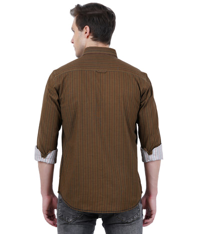 Living Legend Men Olive Brown Striped Cotton Slim Fit Full Sleeve Casual Shirt