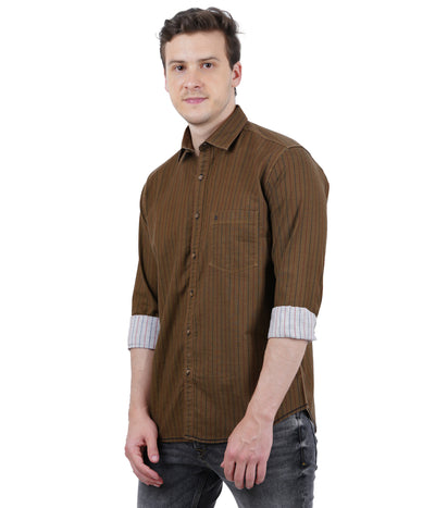 Living Legend Men Olive Brown Striped Cotton Slim Fit Full Sleeve Casual Shirt