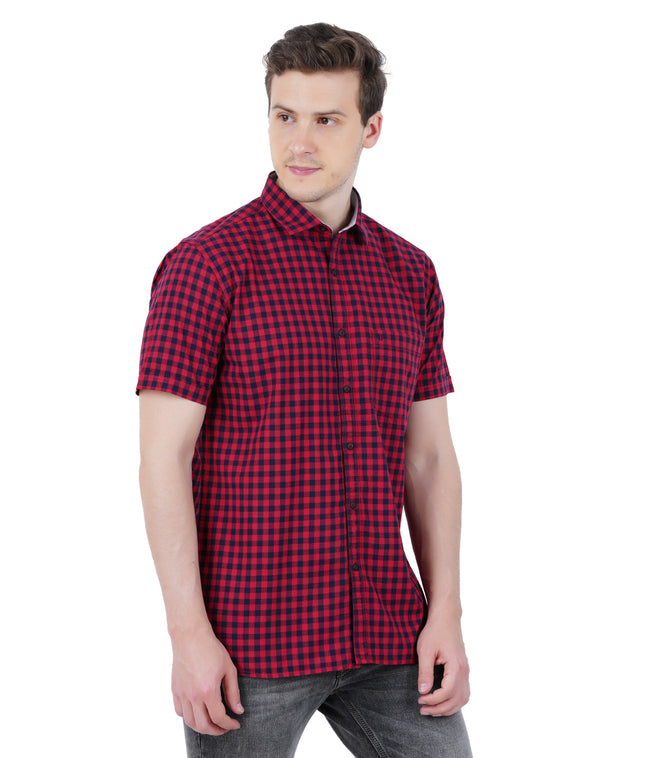 Living Legend Men Red Black Checked Cotton Slim Fit Half Sleeve Casual Shirt
