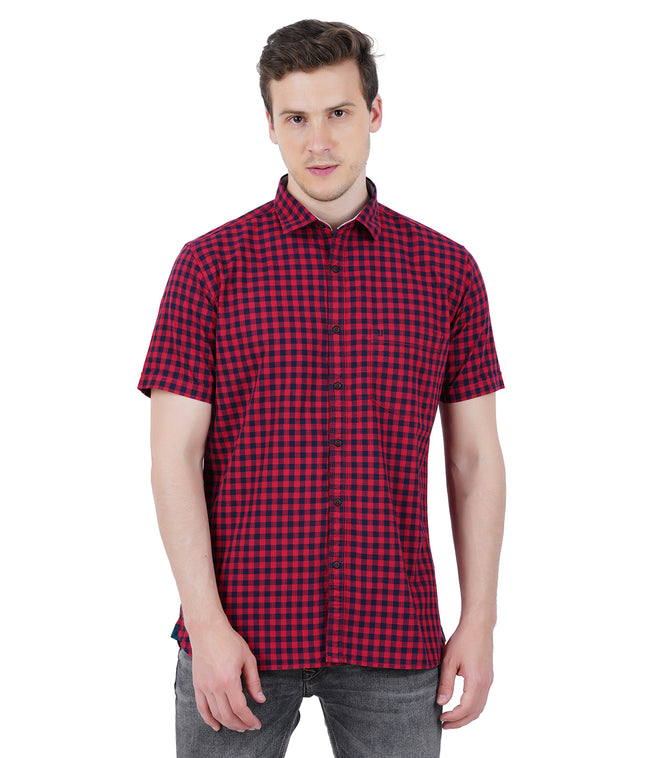 Living Legend Men Red Black Checked Cotton Slim Fit Half Sleeve Casual Shirt
