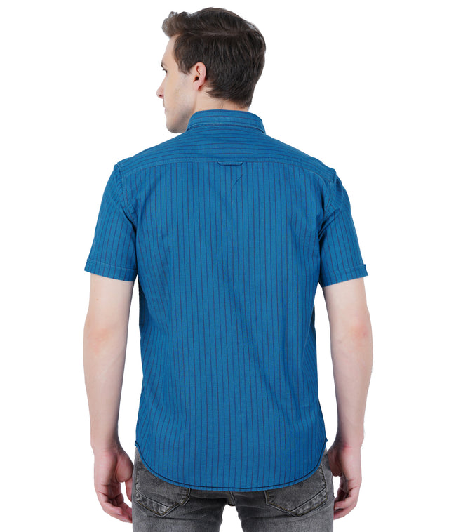 Living Legend Men Turquoise Blue Striped Cotton Slim Fit Half Sleeve Casual Shirt