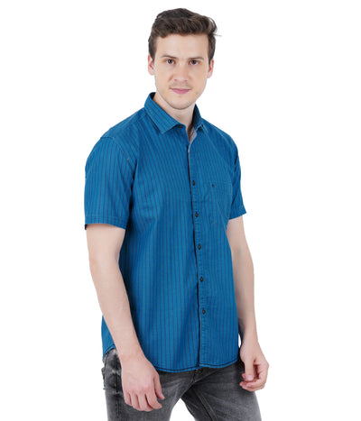 Living Legend Men Turquoise Blue Striped Cotton Slim Fit Half Sleeve Casual Shirt