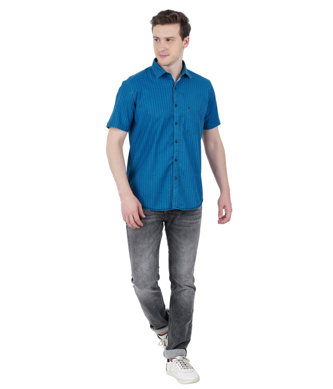 Living Legend Men Turquoise Blue Striped Cotton Slim Fit Half Sleeve Casual Shirt