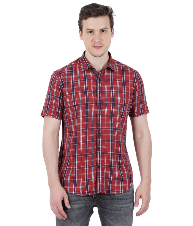 Living Legend Men Brick Red Navy Checked Cotton Slim Fit Half Sleeve Casual Shirt