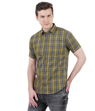 Living Legend Men Olive Navy Checked Cotton  Slim Fit Half Sleeve  Casual Shirt