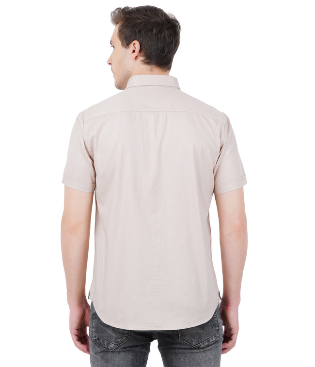 Living Legend Men Beige Plain Cotton Slim Fit Half Sleeve Casual Shirt