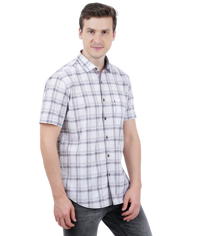 Living Legend Men White Grey Checked Cotton Slim Fit Half Sleeve Casual Shirt
