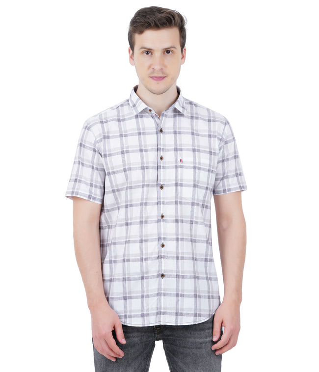 Living Legend Men White Grey Checked Cotton Slim Fit Half Sleeve Casual Shirt