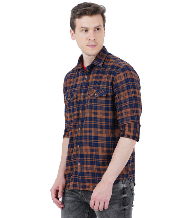Living Legend Men Brown Navy Checked Cotton Slim Fit Full Sleeve Casual Shirt