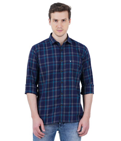 Living Legend Men Navy Green Checked Cotton Slim Fit Full Sleeve Casual Shirt